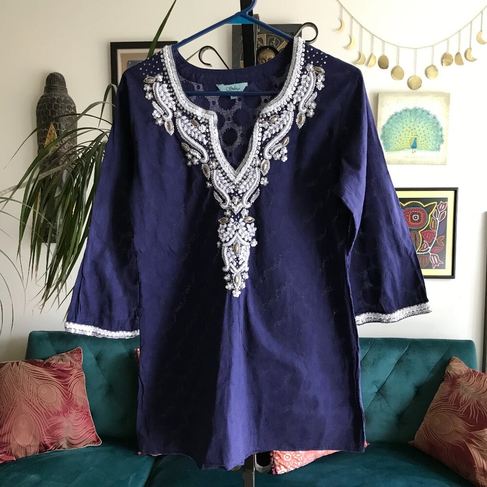 SULU size 10 / US S Navy Blue Cotton Indian Exotic Embellished Tunic Top